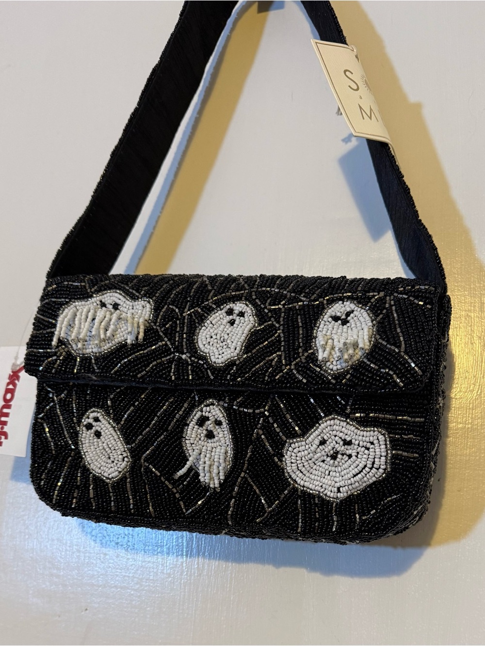 Viral TJMAX Black Beaded Shoulder Bag with White Ghost Motif, Halloween fall NWT